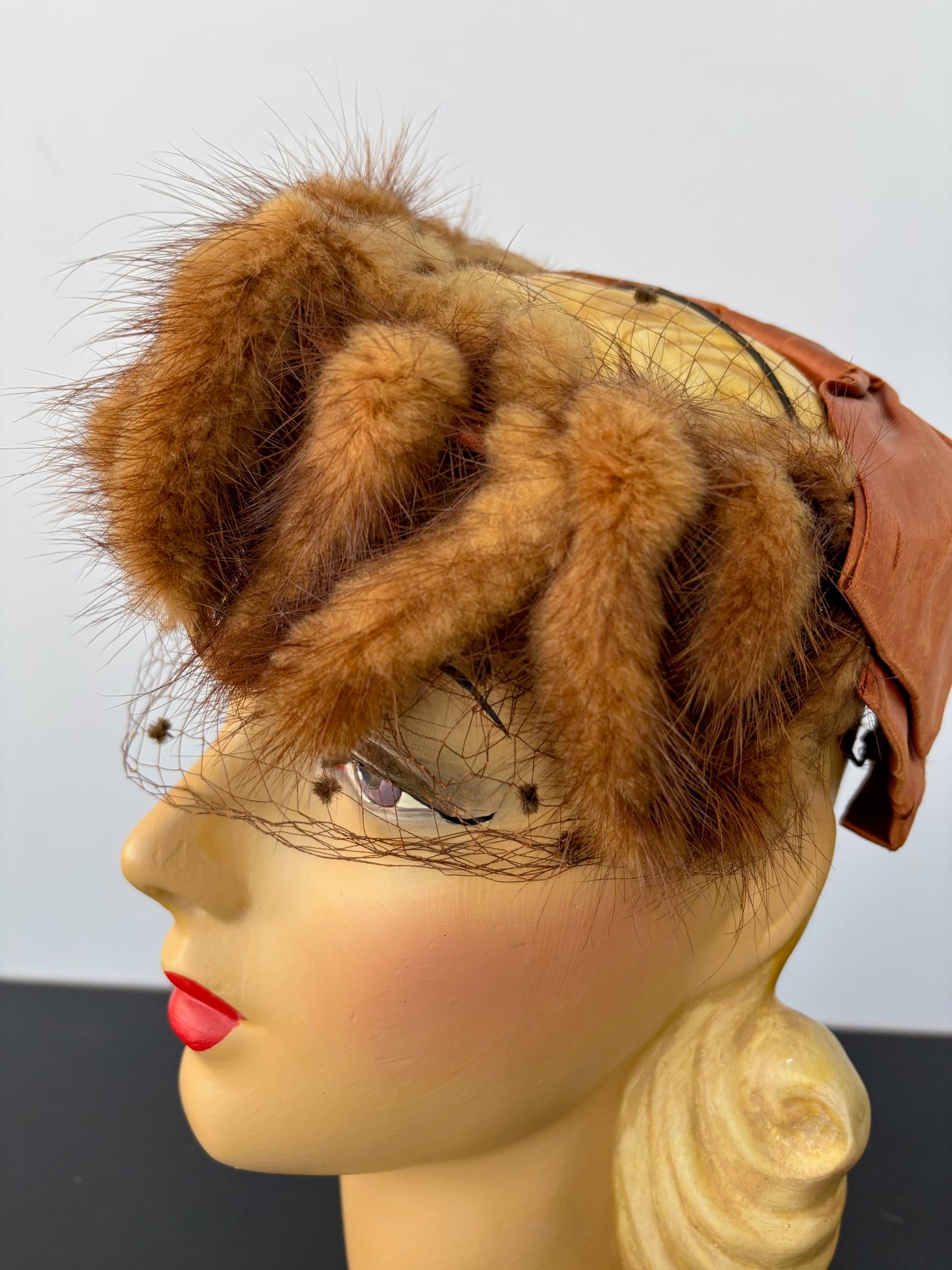 1950s Fur Veil Fascinator Copper Brown
