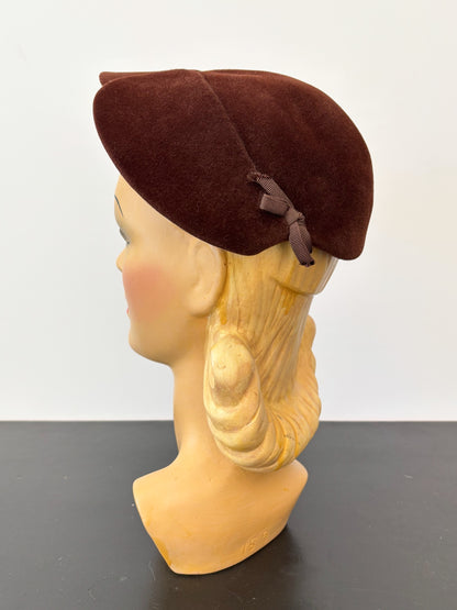1930s/40s Brown Cream Velour Felt Tilt Hat