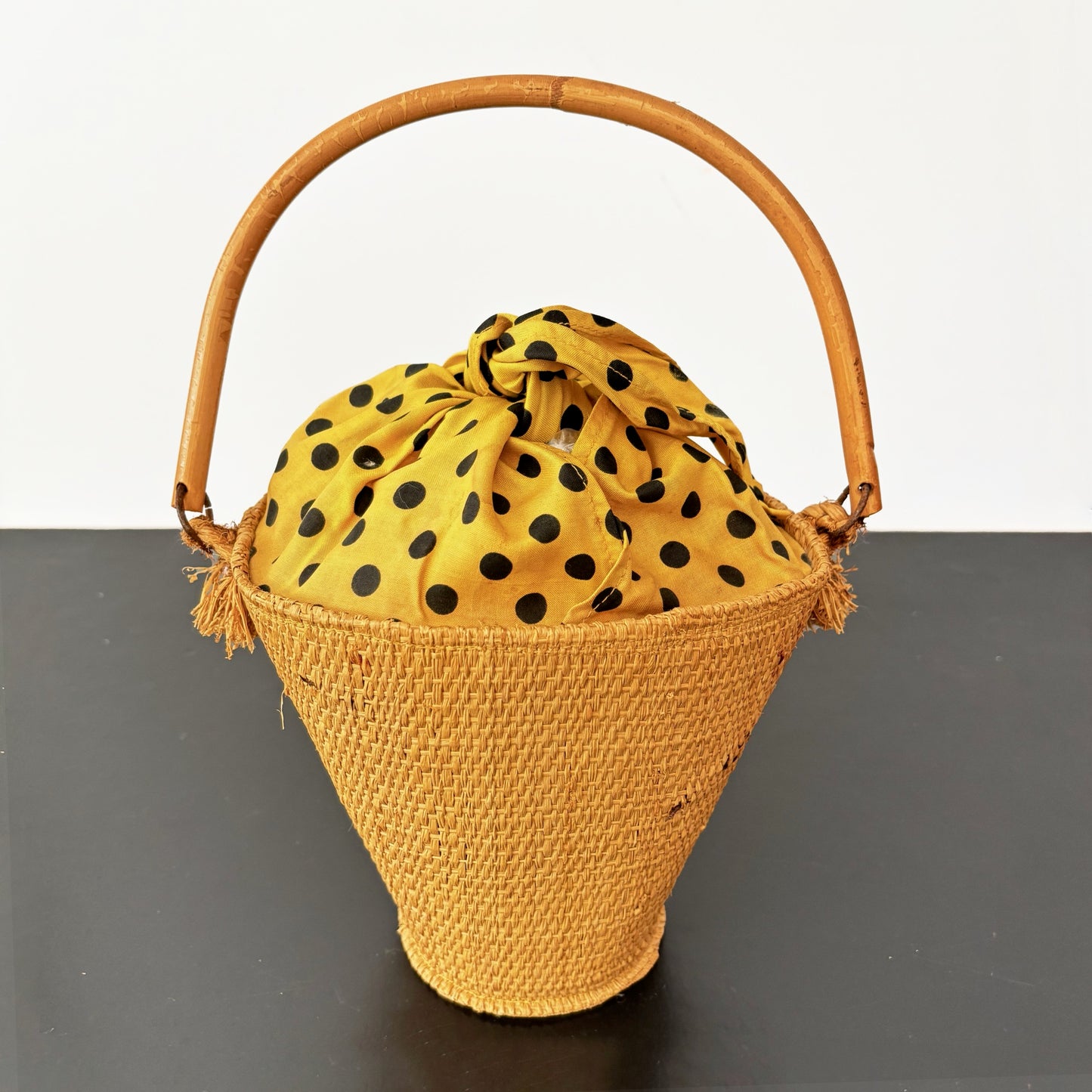 Vintage 1950s Raffia Bucket Bag With Bamboo Handle