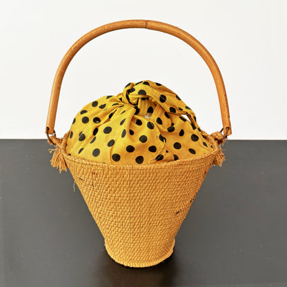 Vintage 1950s Raffia Bucket Bag With Bamboo Handle