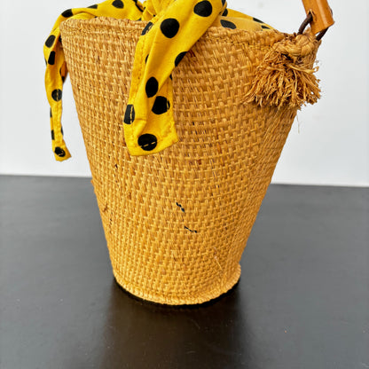 Vintage 1950s Raffia Bucket Bag With Bamboo Handle