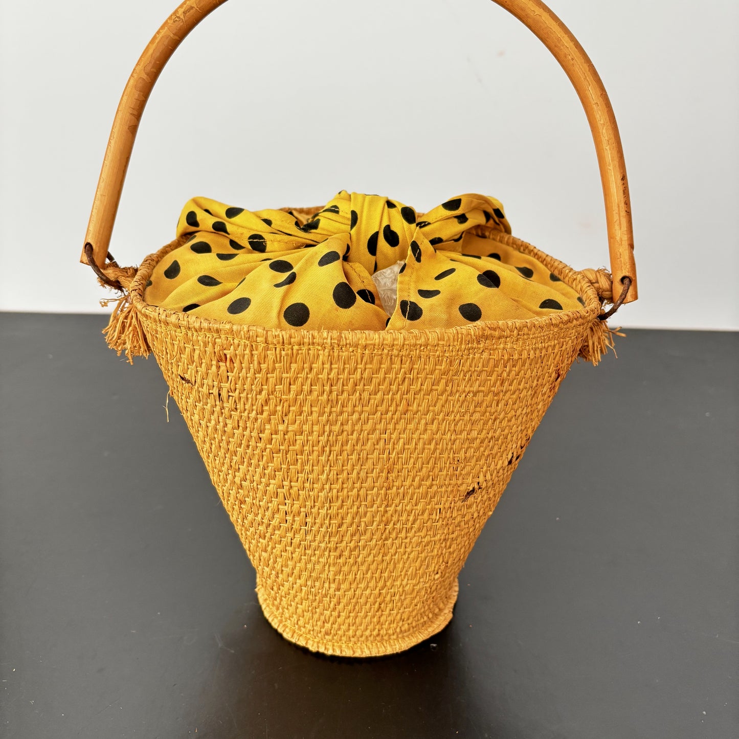 Vintage 1950s Raffia Bucket Bag With Bamboo Handle