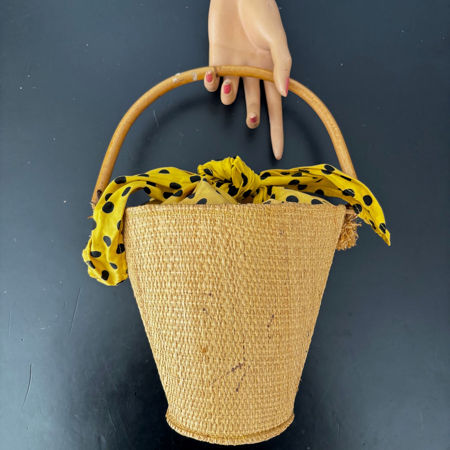 Vintage 1950s Raffia Bucket Bag With Bamboo Handle