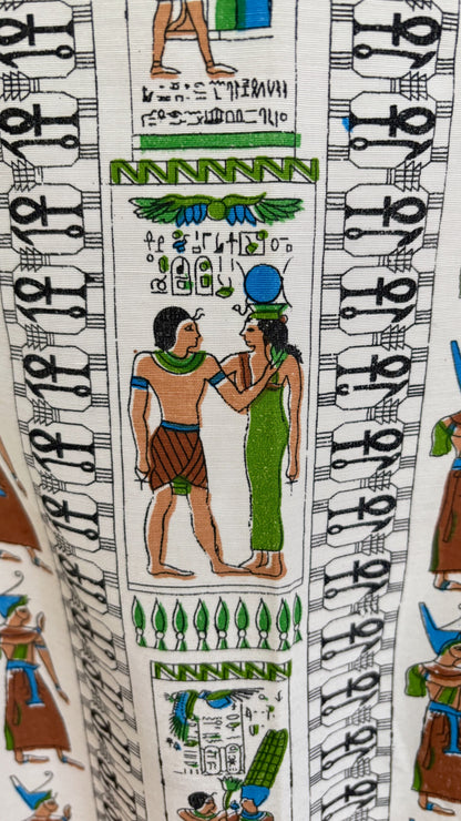 S | 1950s Style Egyptian Novelty Print Faille Wiggle Dress
