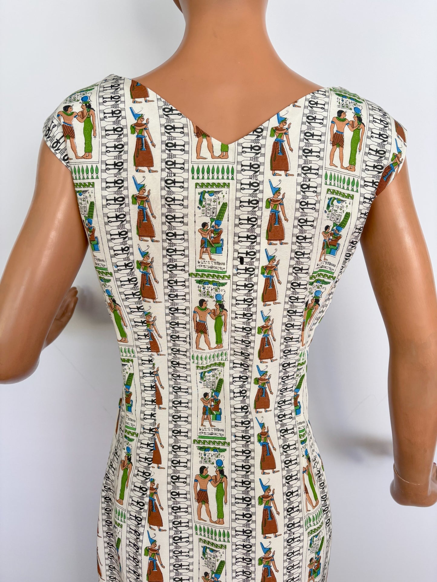 S | 1950s Style Egyptian Novelty Print Faille Wiggle Dress