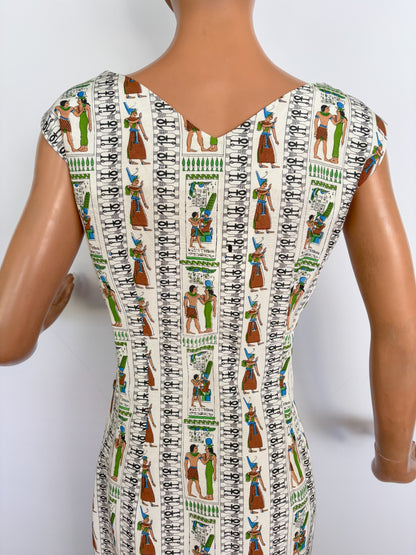 S | 1950s Style Egyptian Novelty Print Faille Wiggle Dress