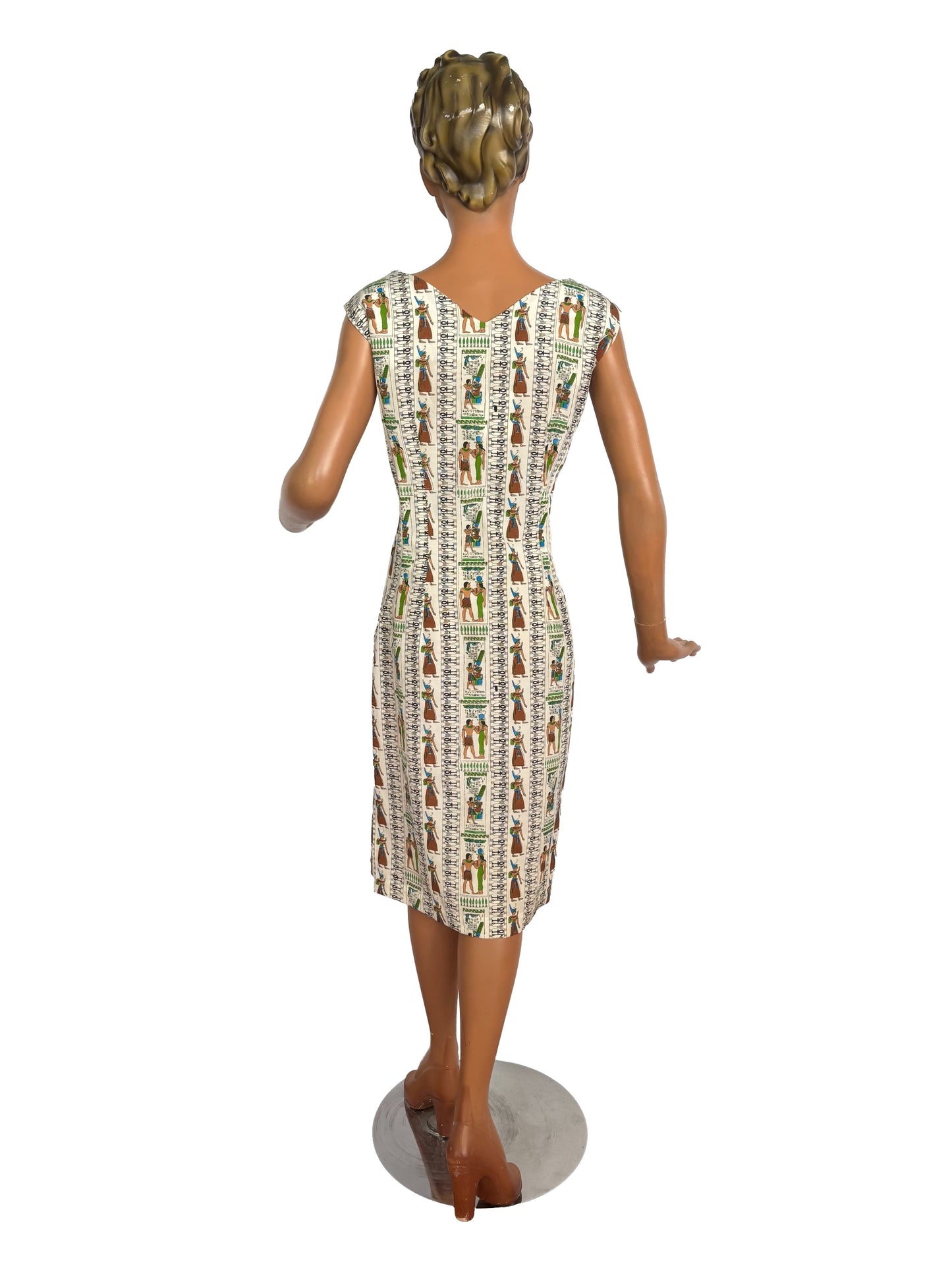 S | 1950s Style Egyptian Novelty Print Faille Wiggle Dress