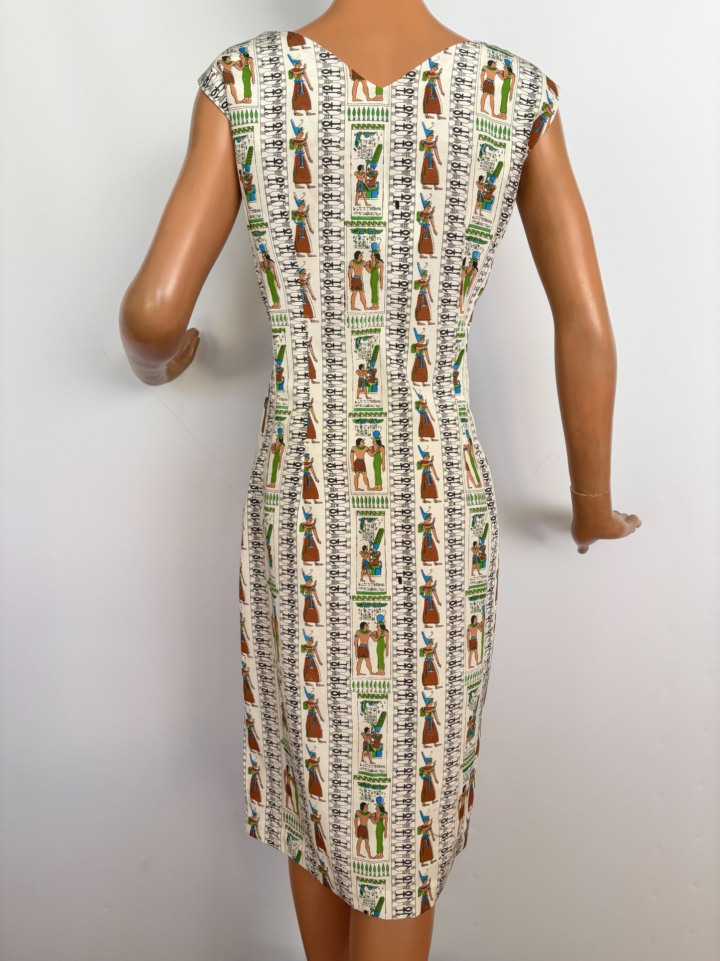 S | 1950s Style Egyptian Novelty Print Faille Wiggle Dress