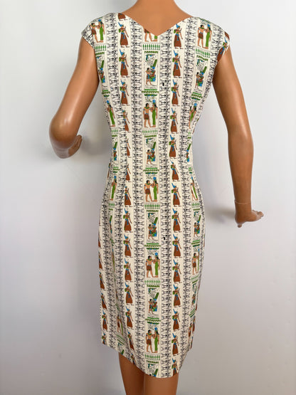 S | 1950s Style Egyptian Novelty Print Faille Wiggle Dress