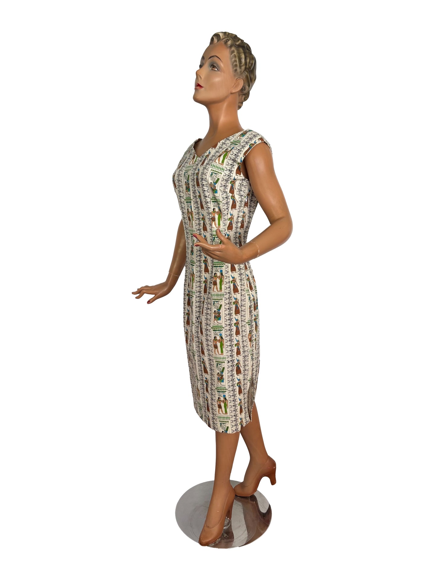 S | 1950s Style Egyptian Novelty Print Faille Wiggle Dress