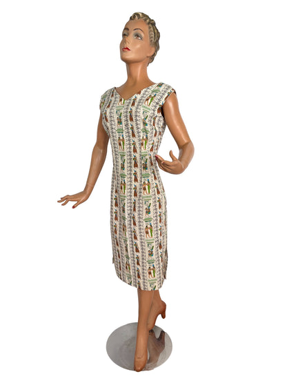 S | 1950s Style Egyptian Novelty Print Faille Wiggle Dress