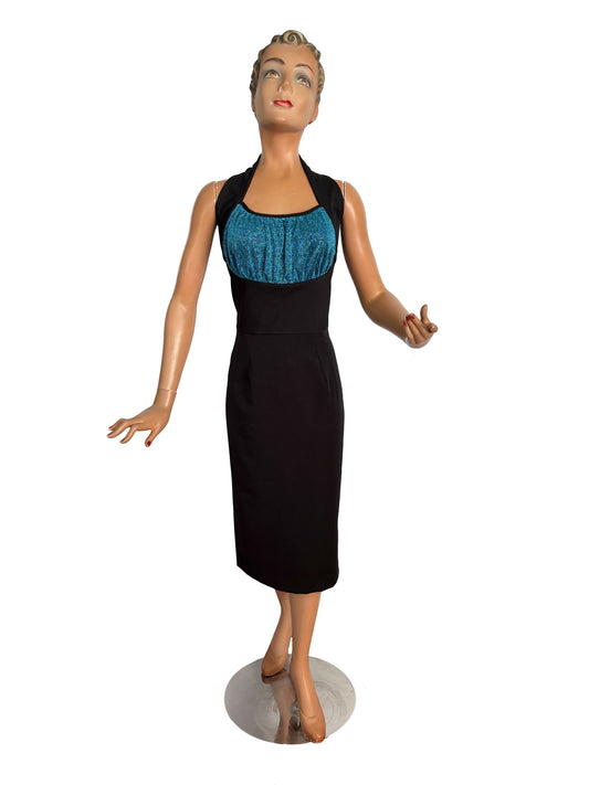 M | 1950s Style Black Wiggle Dress With Blue Lurex Bust