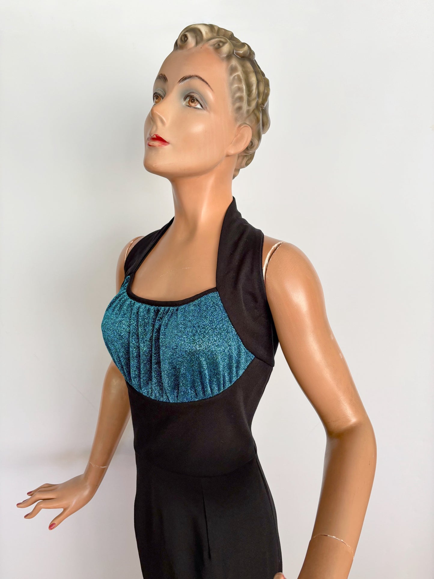M | 1950s Style Black Wiggle Dress With Blue Lurex Bust