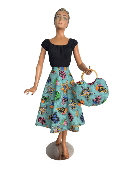 S/M | 1950s Style Aqua Shell Print Cotton Skirt And Matching Bag Set