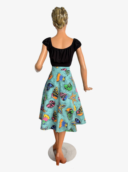 S/M | 1950s Style Aqua Shell Print Cotton Skirt And Matching Bag Set