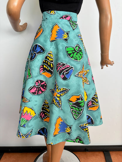 S/M | 1950s Style Aqua Shell Print Cotton Skirt And Matching Bag Set