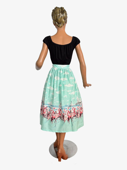 S or M | 1950s Style Turquoise Flamingo Border Print Button Skirt