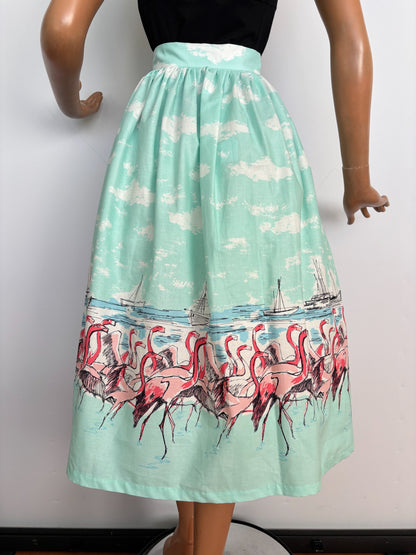 S or M | 1950s Style Turquoise Flamingo Border Print Button Skirt