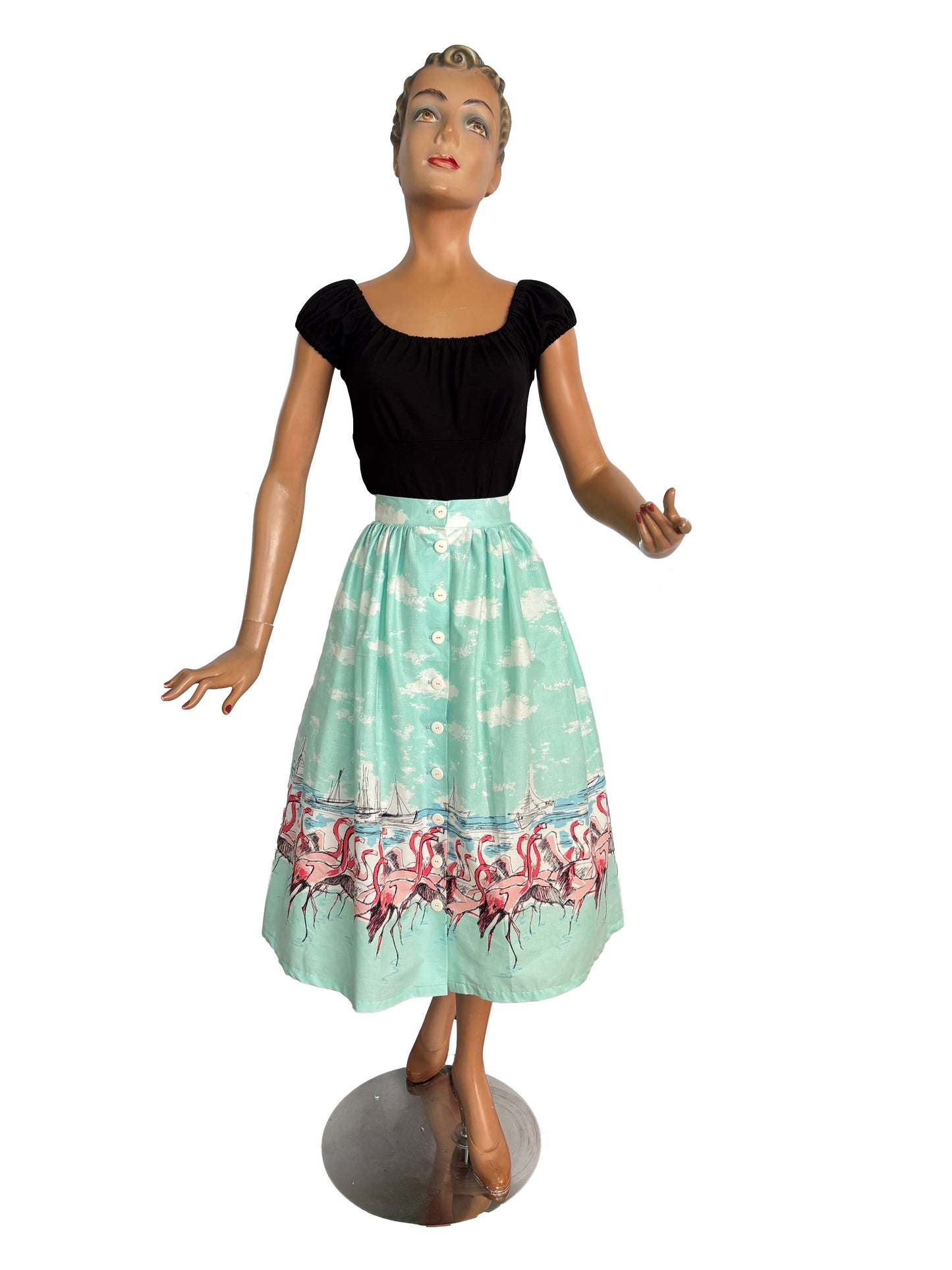 S or M | 1950s Style Turquoise Flamingo Border Print Button Skirt