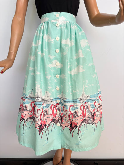 S or M | 1950s Style Turquoise Flamingo Border Print Button Skirt