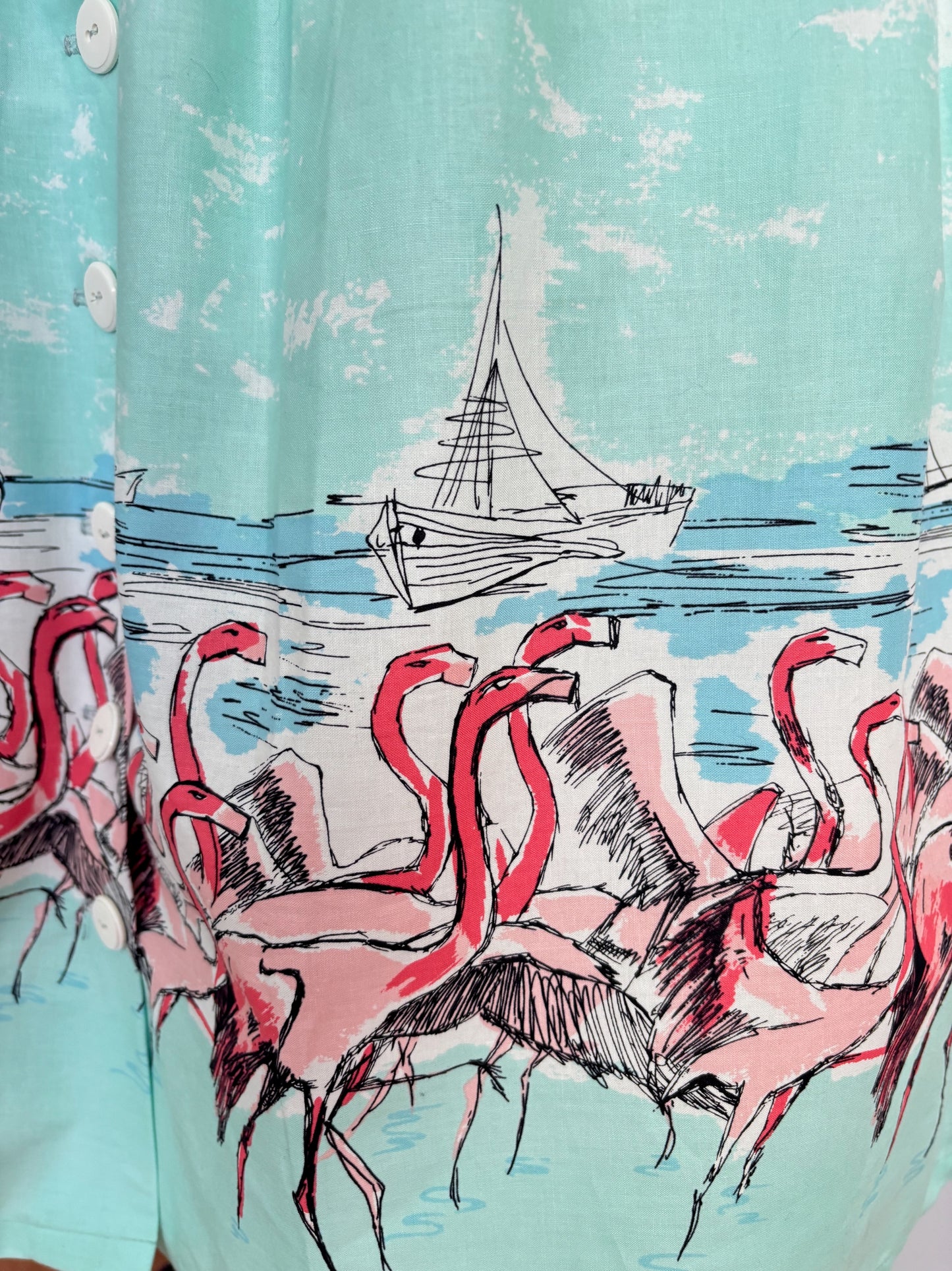 S or M | 1950s Style Turquoise Flamingo Border Print Button Skirt