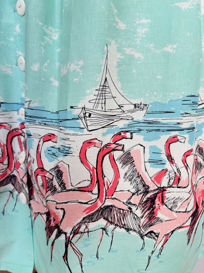 S or M | 1950s Style Turquoise Flamingo Border Print Button Skirt