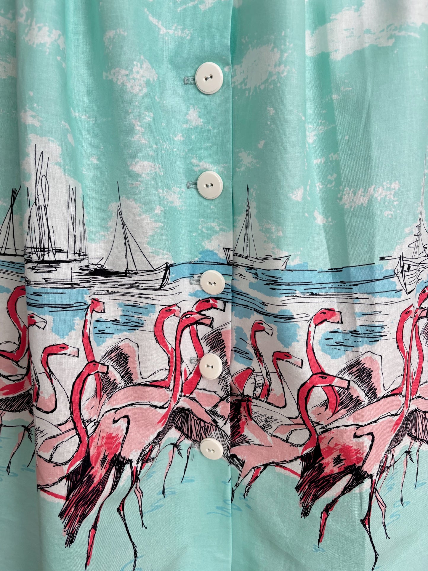 S or M | 1950s Style Turquoise Flamingo Border Print Button Skirt