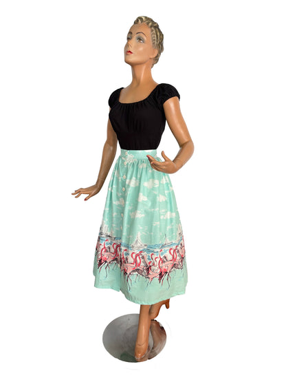 S or M | 1950s Style Turquoise Flamingo Border Print Button Skirt