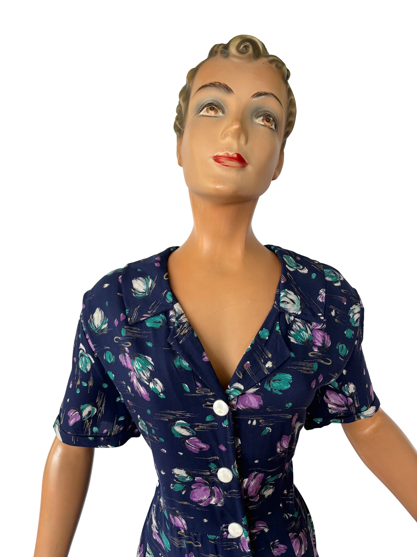 1940s Rayon Navy Blue Button Down Dress | 3XL