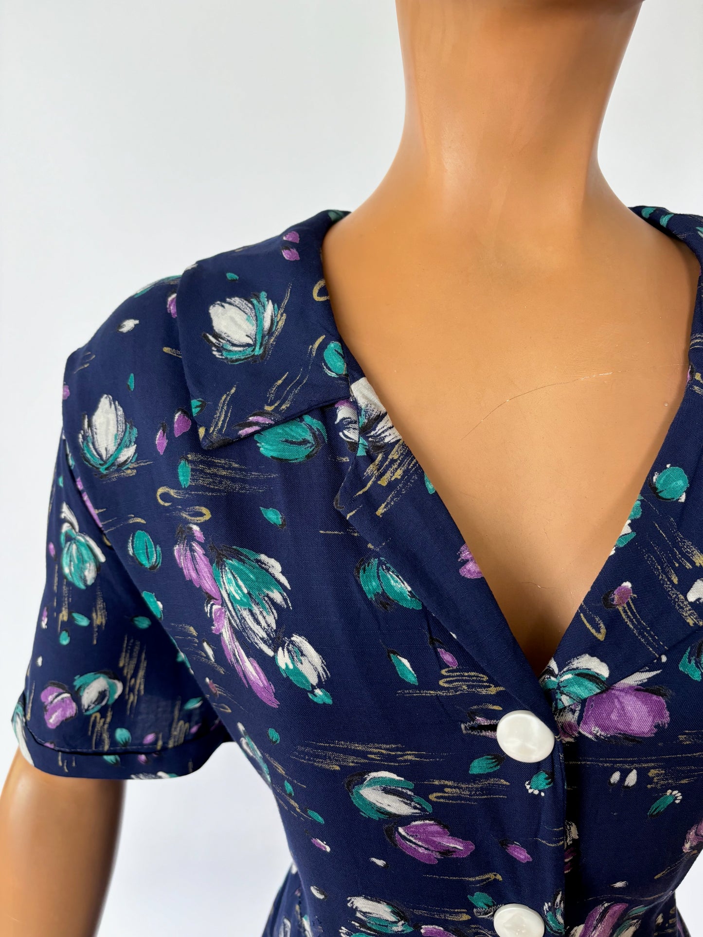1940s Rayon Navy Blue Button Down Dress | 3XL