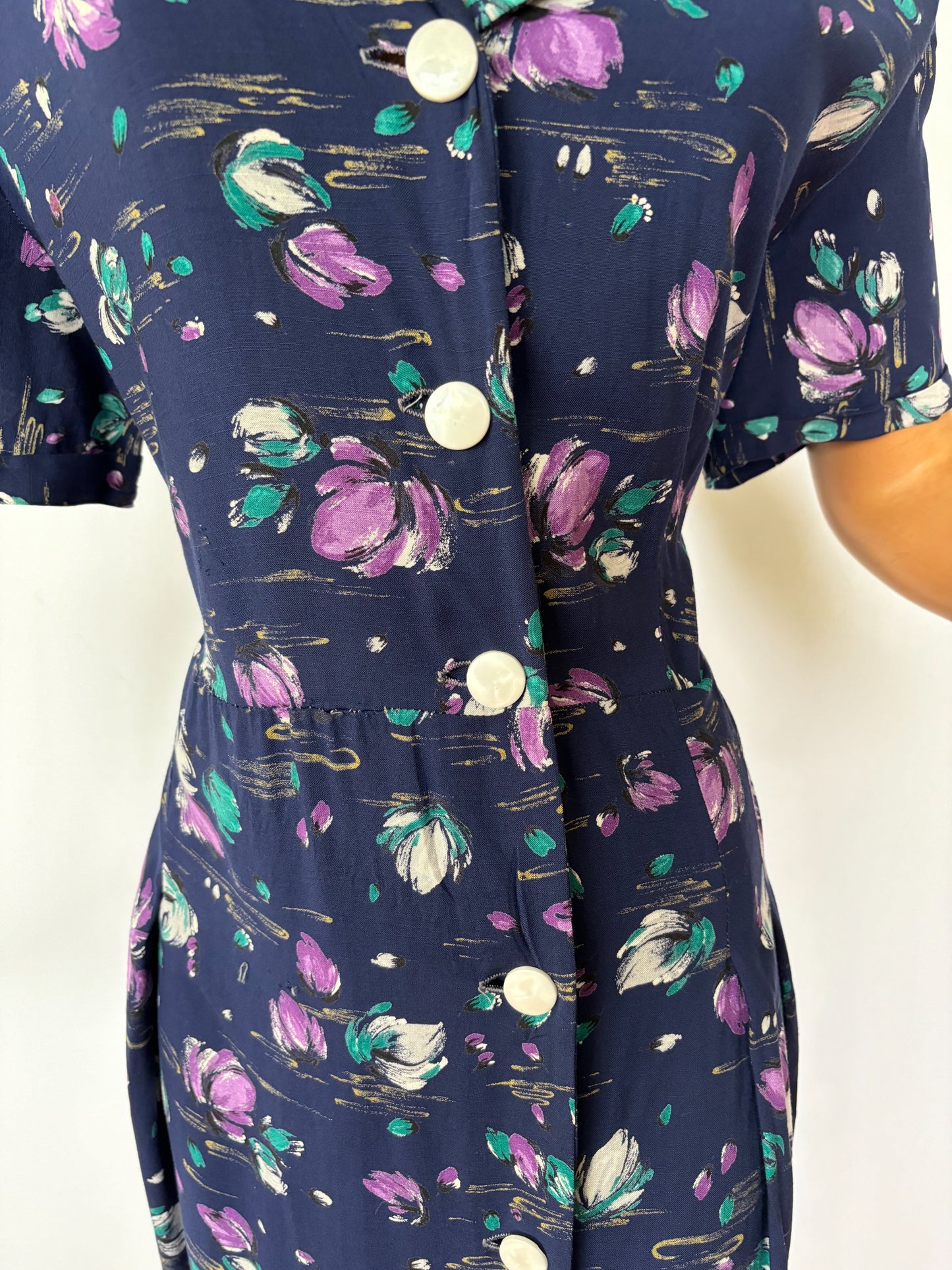 1940s Rayon Navy Blue Button Down Dress | 3XL