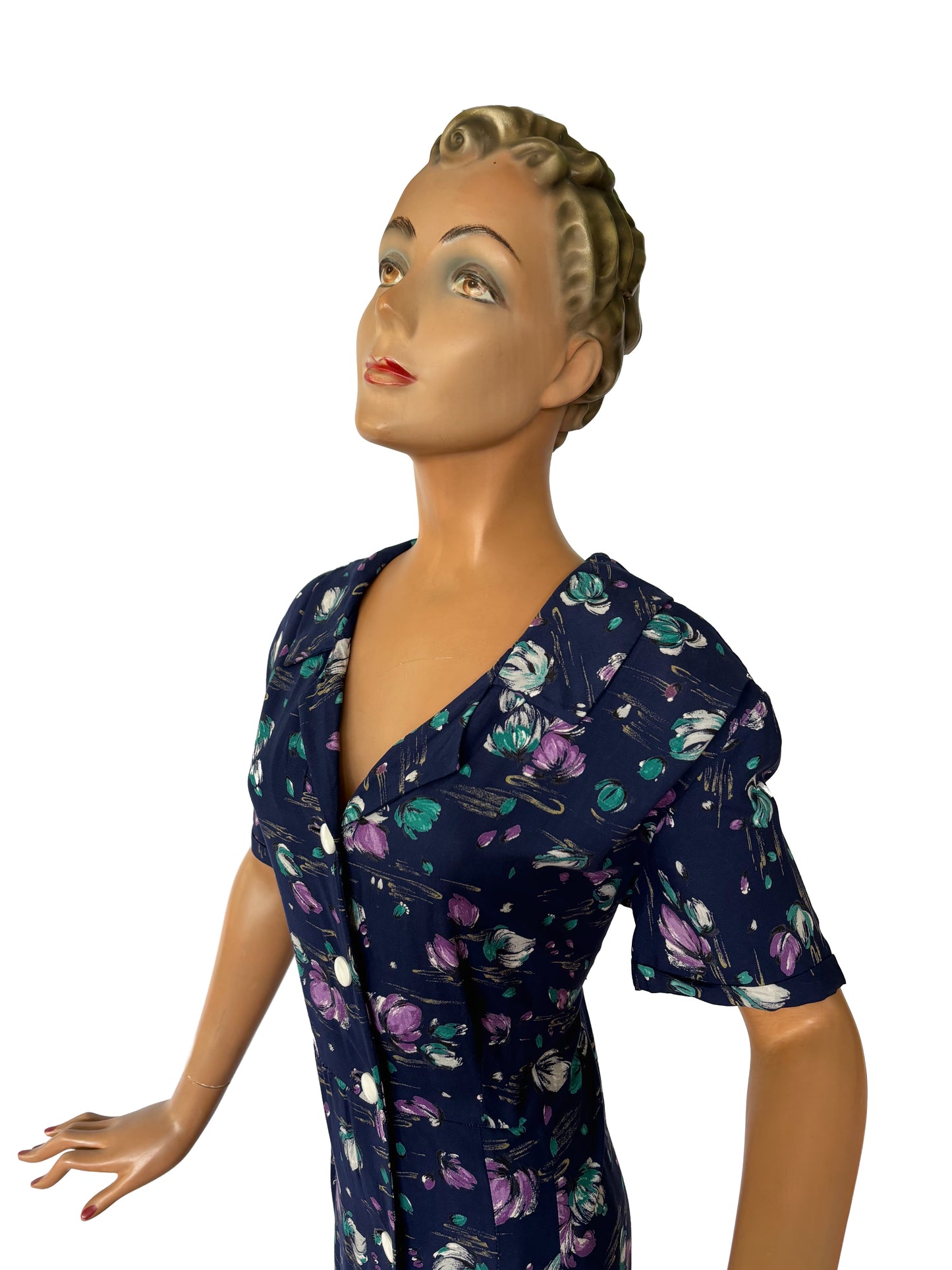 1940s Rayon Navy Blue Button Down Dress | 3XL