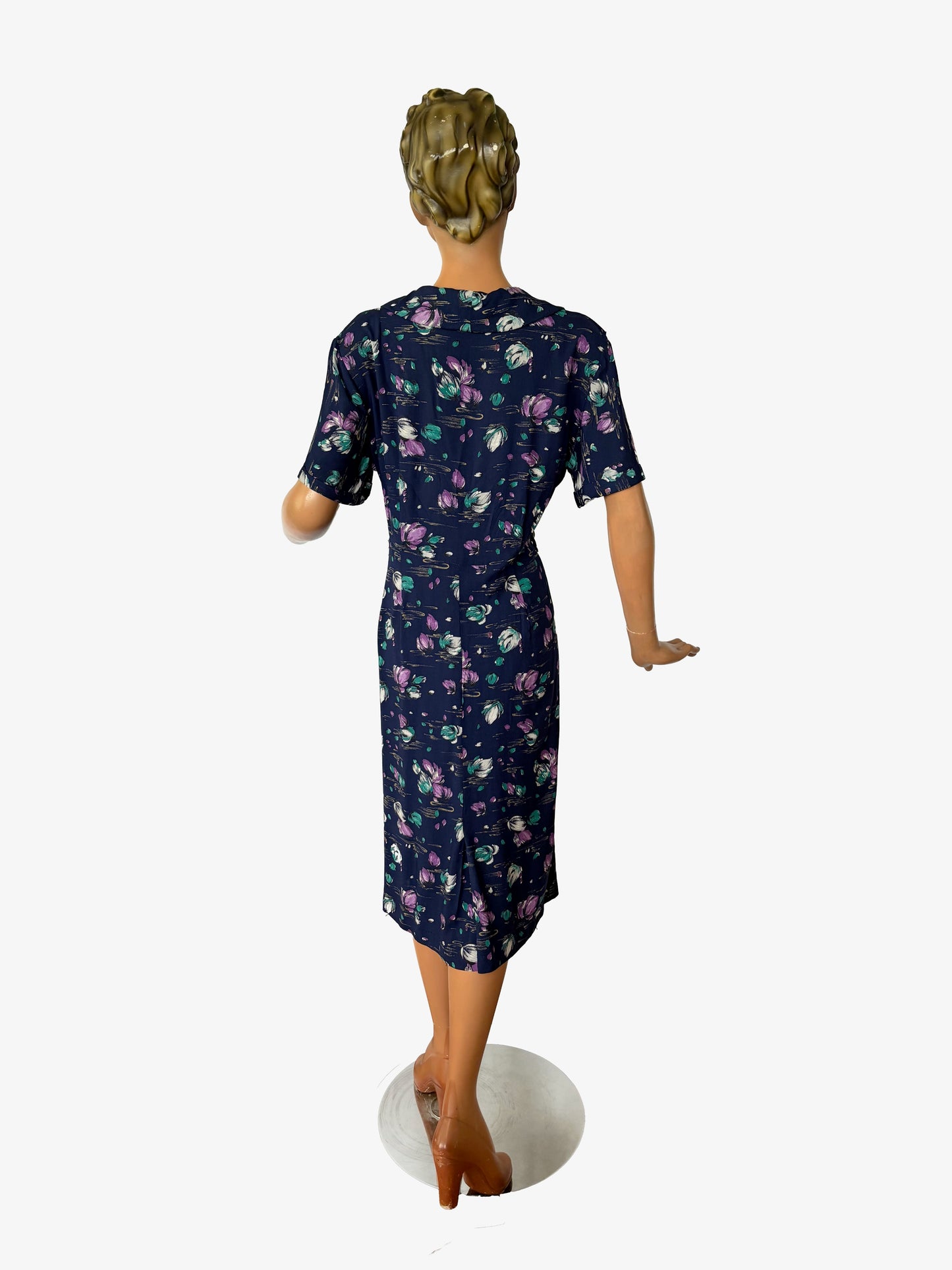 1940s Rayon Navy Blue Button Down Dress | 3XL