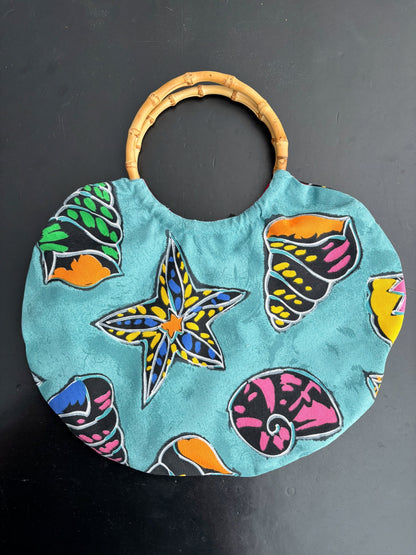 S/M | 1950s Style Aqua Shell Print Cotton Skirt And Matching Bag Set