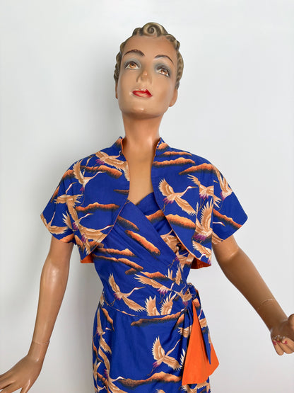M | Alfred Shaheen Crane Bird Sarong Dress And Bolero Set