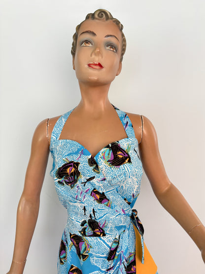 S | Alfred Shaheen Coral Fantasy Sarong Dress And Bolero Set