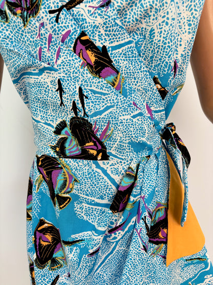 S | Alfred Shaheen Coral Fantasy Sarong Dress And Bolero Set