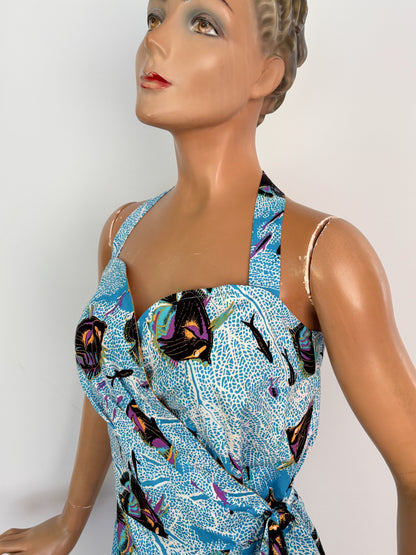 S | Alfred Shaheen Coral Fantasy Sarong Dress And Bolero Set