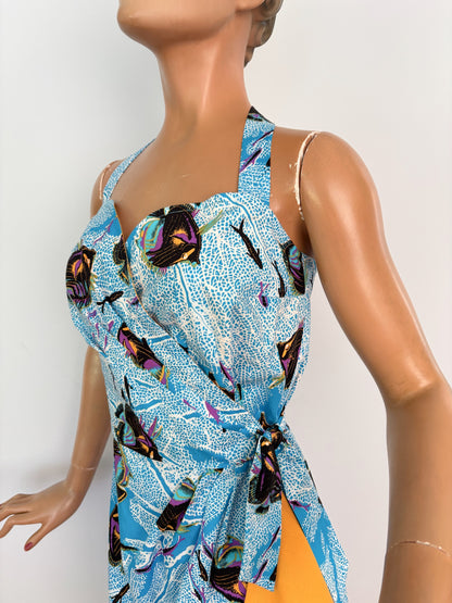 S | Alfred Shaheen Coral Fantasy Sarong Dress And Bolero Set