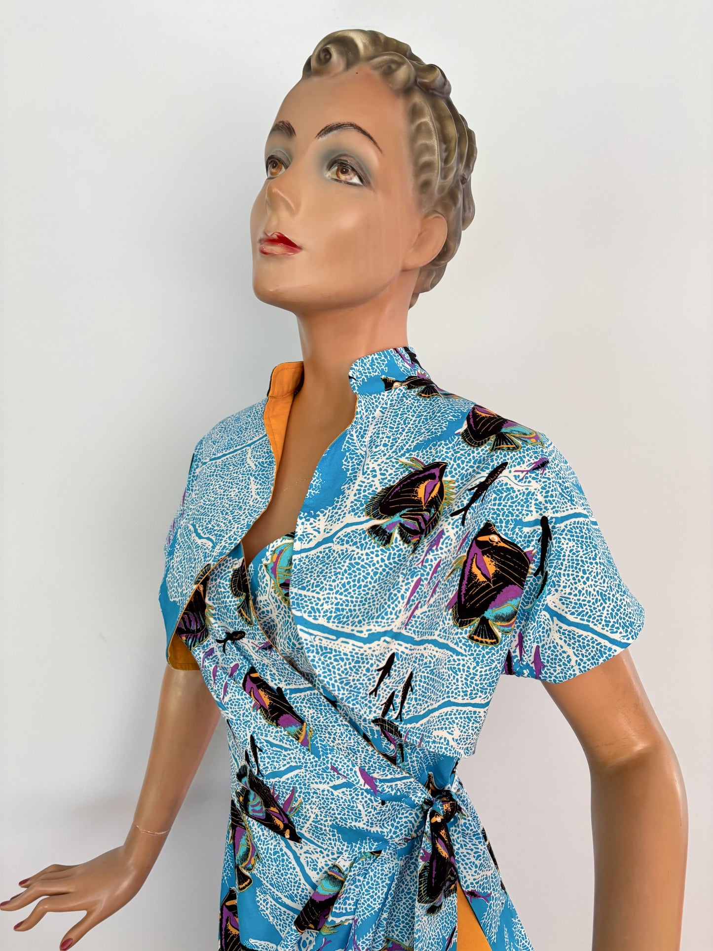 S | Alfred Shaheen Coral Fantasy Sarong Dress And Bolero Set