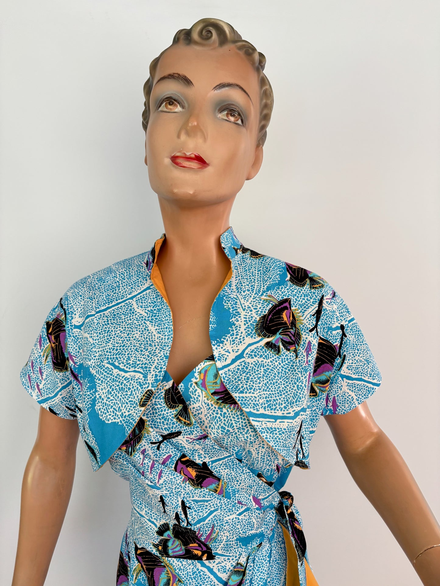 S | Alfred Shaheen Coral Fantasy Sarong Dress And Bolero Set