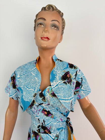 S | Alfred Shaheen Coral Fantasy Sarong Dress And Bolero Set