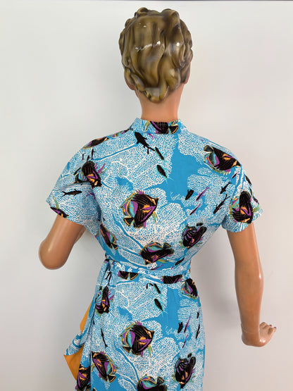 S | Alfred Shaheen Coral Fantasy Sarong Dress And Bolero Set
