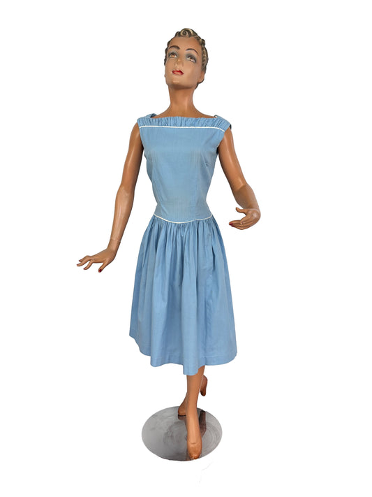 1950s Sky Blue Cotton Dress with Drop Waist | M