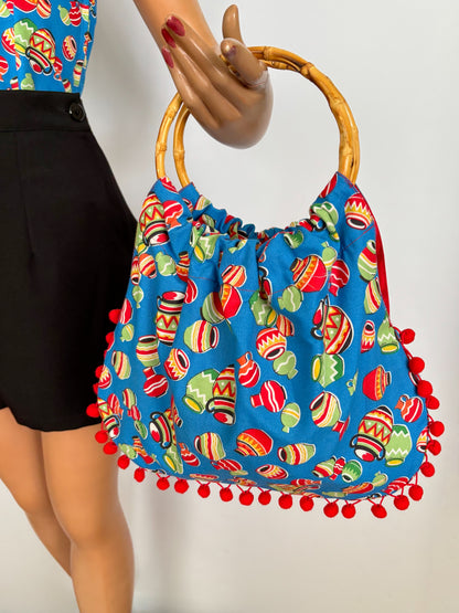 1950s Style Mexican Novelty Bag With Bamboo Handles