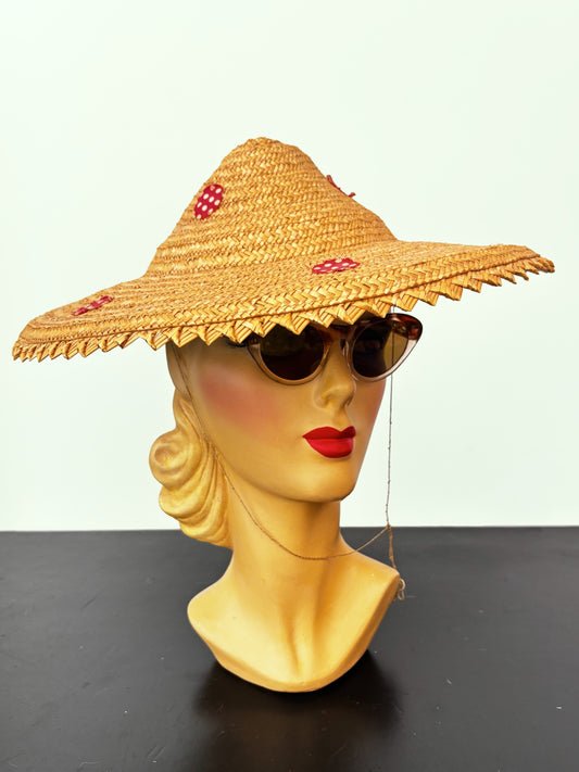 1950s Straw Sun Hat With Red Polka Dot Trim