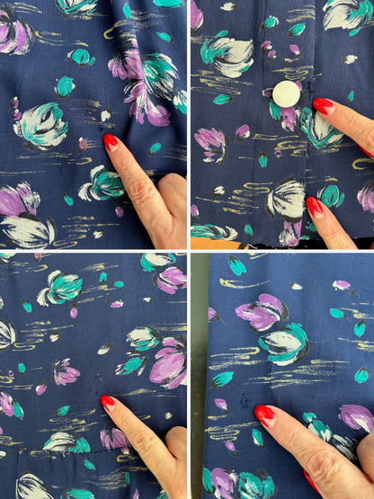1940s Rayon Navy Blue Button Down Dress | 3XL