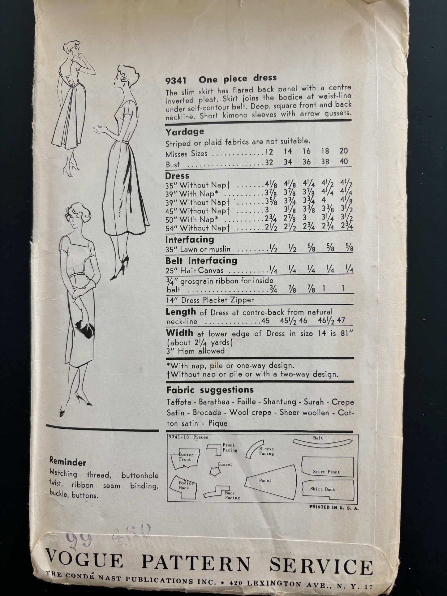 1959 Uncut Vogue 9341 One Piece Dress Size 18 Sewing Pattern