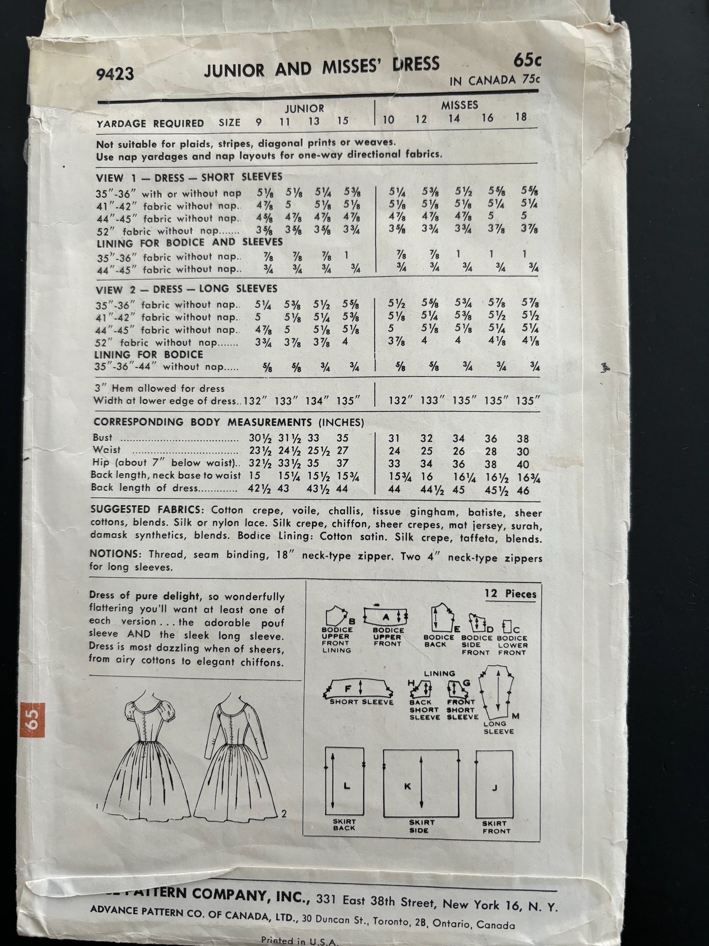 1950s/60s Sewing Pattern Advance 9423 Misses Dress Size 14