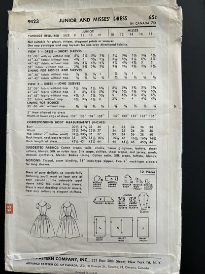 1950s/60s Sewing Pattern Advance 9423 Misses Dress Size 14
